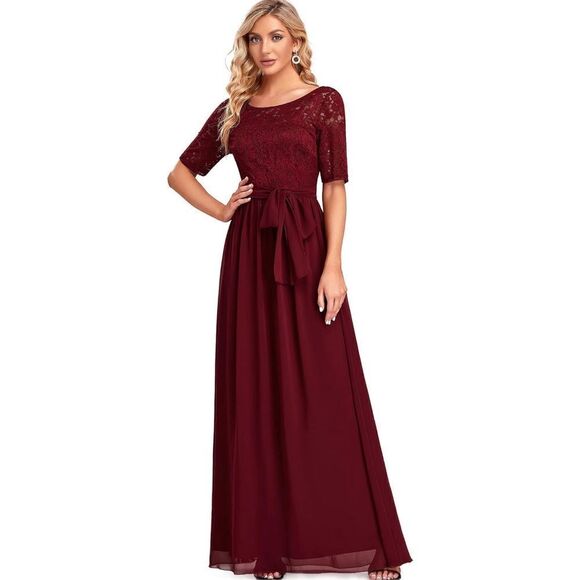 NEW Burgundy Lace Illusion Chiffon Wedding Party Maxi Dress 14